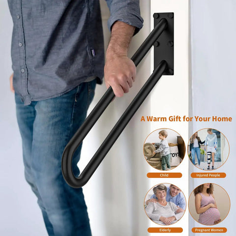 A person holding a 28 Inch Stainless Steel Hand Rail For One To Five Steps With 1.25 Inch Tube Oil Rubbed Black Wall Mounted Grab Bar For Stairs Outdoor Garage Entry Indoor Exterior Use Durable Stainless Steel Stair Railing.