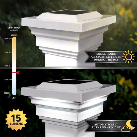 Regal Solar Post Cap 4x4 White With Warm And Cool LED Light Modes Durable PVC Post Light for Outdoor Posts, day and night view