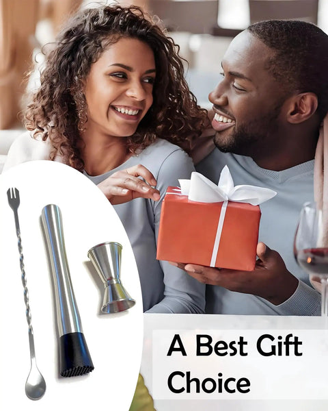 Ultimate Bar Tools Set for Home Bartenders with 8 inch muddler, 10 inch mixing spoon, measuring jigger, and gift package