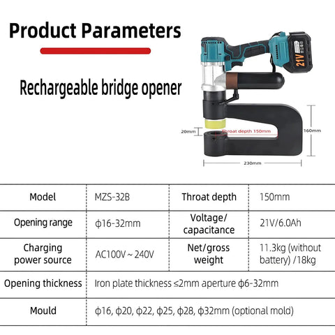 Pro-Grade Cordless Hydraulic Punch Kit with 6000mAh Battery, 150mm Throat Depth, product specifications
