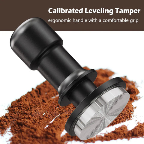 53mm Espresso Tamper With Auto Calibrated 30 LB Spring Loaded Stainless Steel Ground Tamper on coffee grounds, ergonomic handle