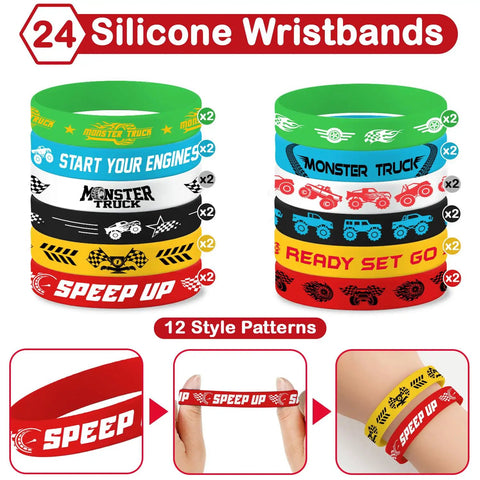 Monster Truck Party Bracelets Set 48 Pieces Slap And Rubber Silicone Wristbands 24 Slap 24 Rubber Styles Perfect Birthday Party Favors