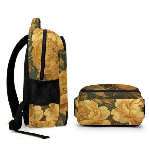 Dark Green Canvas Printed Unisex Backpack With Large Capacity For Everyday Carry Durable Polyester Build Breathable Design Peony Pattern