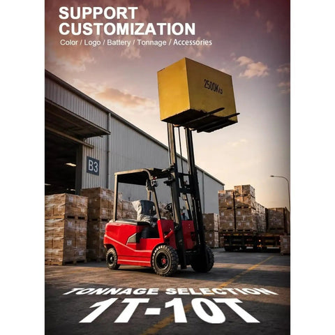 Smooth Operator Portable Mini Electric Forklift 4 Way Counterbalance Lift Truck With Adjustable Forks And Tough Solid Tires lifting a heavy box outdoors.