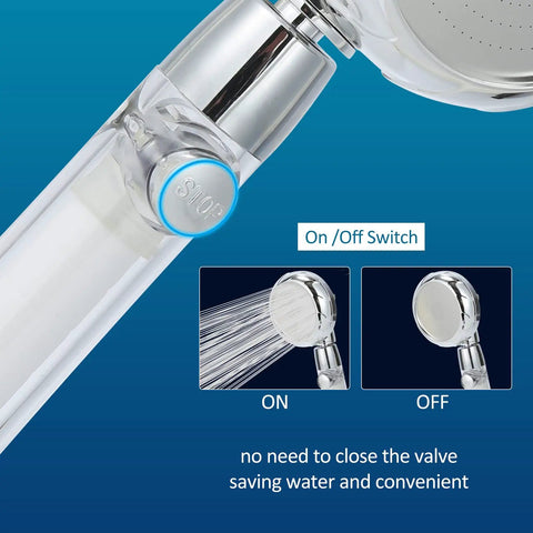 Hard Water RV Shower Head With Filter For Camper Use, High Pressure, with On Off Switch detail shown, close-up view.