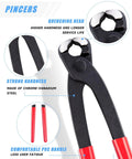Front view of black Pincers hose clamp pliers with red PVC handles.