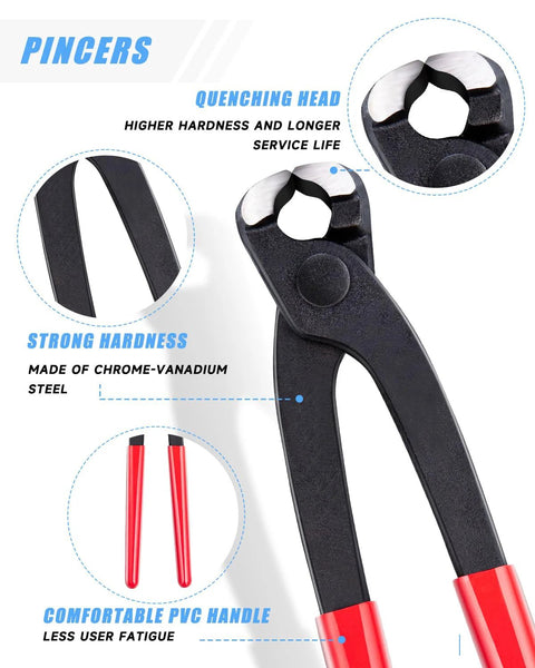 Front view of black Pincers hose clamp pliers with red PVC handles.