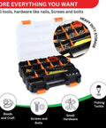 Grab And Go 34 Compartment Double Sided Tool Organizer Case With Removable Dividers For Screws Nuts Bolts Nails And Small Parts Orange Plastic Storage Box For Garage Or Workshop Portable Durable And Easy To Customize, shown open with visible compartments filled with small tools.