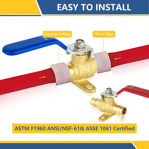 100 Pack Half Inch PEX A Expansion Ball Valve With Drop Ear Full Port Shut Off Built Tough Brass Plumbing Fixture For Red Hot And Blue Cold Water Lines Quick Connect Trade Setup with PEX A pipe.