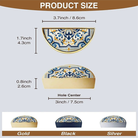 Size details of ornate baroque tile cabinet handles 3 inch hole center semicircle drawer pulls solid zinc alloy gold