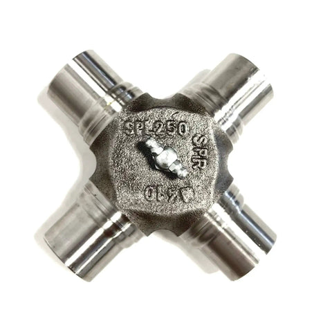 Beefed Up SPL250 3X Universal Joint Heavy Duty U Joint Replacement For Drivetrain Systems In Trucks And SUVs Premium SPL Series OEM Grade Build For Tough Long Lasting Performance, close-up chrome cross joint