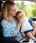 Parent with child in car using Kid Friendly First Aid Kit 160-Piece Water-Resistant Hard Shell Emergency Set next to them.