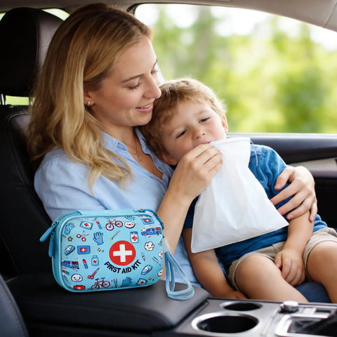 Parent with child in car using Kid Friendly First Aid Kit 160-Piece Water-Resistant Hard Shell Emergency Set next to them.