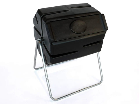 37 Gallon Plastic Single Chamber Rotating Tumbling Compost Bin With Elevated Stand for outdoor use on metal frame
