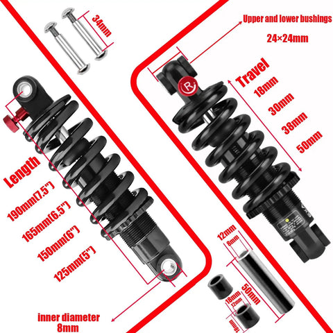 Diagram of 190mm Rear Shock Absorber For Full Suspension Mountain Bike, showing dimensions, coil spring, and hardware.