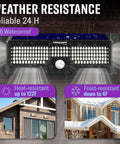 Crazy Bright Solar Motion Sensor Lights Outdoor With 298 LEDs Producing 2500 Lumens For Walls Posts Pathways And Gardens Up To 1600 Sq Ft Battery Powered 4400 mAh Two Pack showing weather resistance features