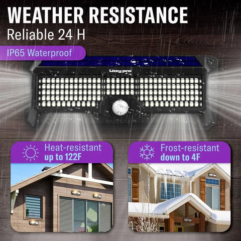 Crazy Bright Solar Motion Sensor Lights Outdoor With 298 LEDs Producing 2500 Lumens For Walls Posts Pathways And Gardens Up To 1600 Sq Ft Battery Powered 4400 mAh Two Pack showing weather resistance features
