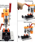 Mini Drill Press For Home Shop Precision Benchtop Drilling Machine with CNC 795 Motor and B10 Chuck showing front and back pressing.