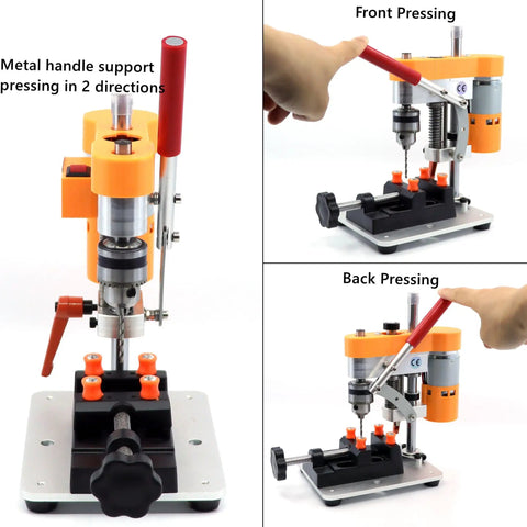 Mini Drill Press For Home Shop Precision Benchtop Drilling Machine with CNC 795 Motor and B10 Chuck showing front and back pressing.