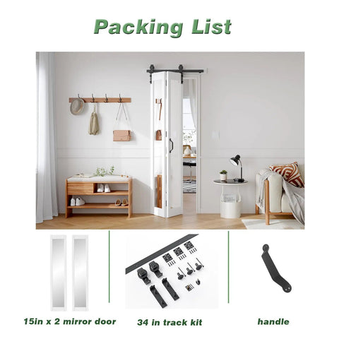 Hella Smooth Gliding Bifold Barn Door 30 By 84 Inches With Heavy Duty Tracks And Full Length Mirror For Closets setup with packing list.