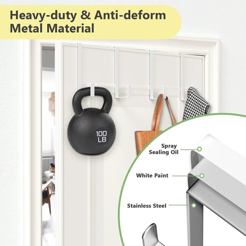 Over The Door Z Shaped Reversible Hooks For Clothes Coats Towels And Shoes Fits Doors With One And Three Eighths Inch Or One And Three Quarters Inch Widths Black 10 Pack, showing heavy-duty metal hook holding a kettlebell and bags, highlighting material composition.
