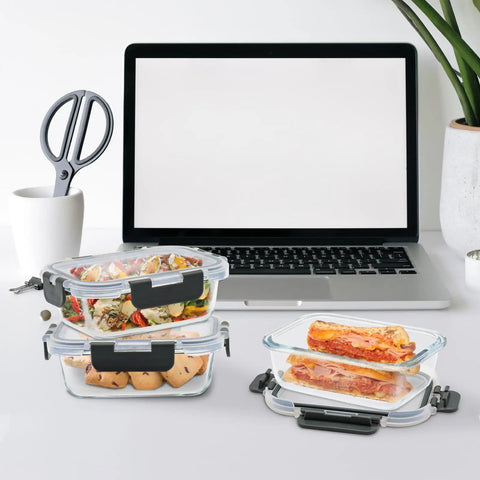 24 Piece Small Glass Food Storage Containers With Lids 1.5 Cup Meal Prep Set Airtight Leak Proof BPA Free Microwave Oven And Dishwasher Safe Rectangular Interchangeable Lids Grey displayed on a desk.