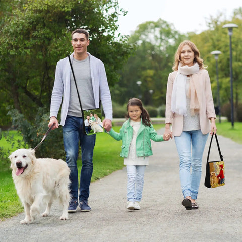Family walking in park with dog, wearing Two Pack Sublimation Blank Bags With Adjustable Straps DIY Crossbody Bags For Sublimation Sport
