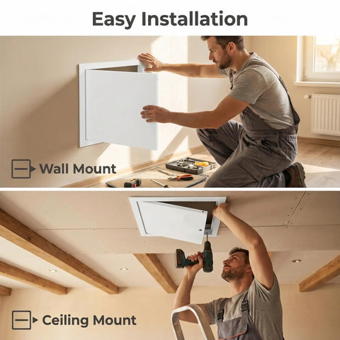 Man installing Rock Solid Aluminum Access Panel For Drywall 12 By 16 Inch in wall and ceiling, showcasing easy installation process.