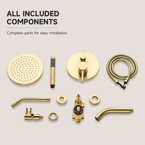 Totally Fire Premium All Metal Shower Faucet Set With Warm Gold Tone Eight Inch Rain Showerhead Curved Tub Spout Rust Proof Bathroom Hardware Upgrade