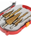 Heavy Duty 6 Pc Step Drill Bit Set With Titanium Coating For Punching Holes In Metal Iron Sheets And Wood Panels 3mm 4mm 8mm Sizes, case view