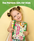 Young girl holding Kids Beginner Sewing Kit With Felt Crafts For Ages Six And Up, DIY Jungle Stuffed Animals Making Set box smiling