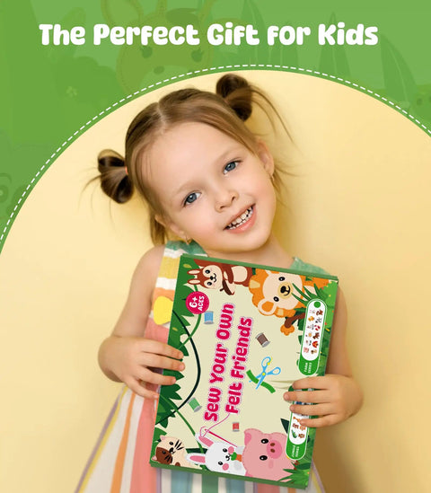 Young girl holding Kids Beginner Sewing Kit With Felt Crafts For Ages Six And Up, DIY Jungle Stuffed Animals Making Set box smiling