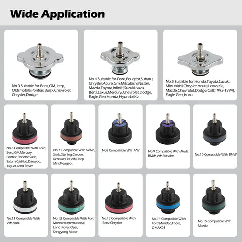 Top Shelf Coolant Pressure Tester Kit With 27 Heavy Duty Adapters for no sweat radiator system leak detection, showing various adapters.