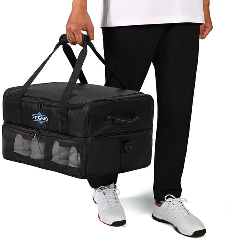 Person holding Two Layer Car Trunk Organizer With Ventilated Shoe Compartment Holds Two Pairs Of Golf Shoes And Gear Travel Storage
