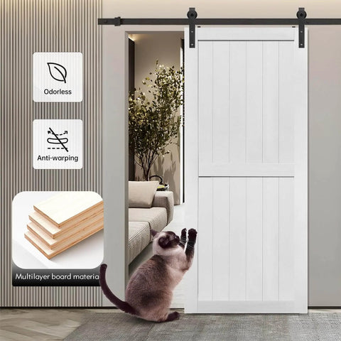 36x84 Inch MDF Barn Door Kit With 6.6 Ft Sliding Hardware, Solid PVC Surface, shown in interior setting with sofa and plant