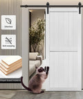 Solid 46 Inch By 80 Inch MDF Barn Door Plus Eight Foot Rolling Hardware Kit And Ultra Waterproof PVC Surface Tough As Nails For Sleek Modern Room Separators Inside with cat and indoor plants.
