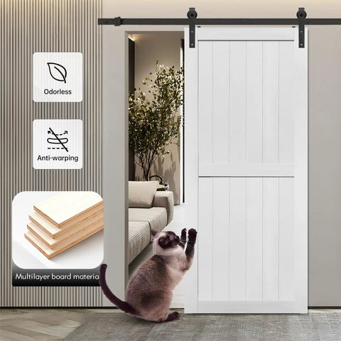 Solid 46 Inch By 80 Inch MDF Barn Door Plus Eight Foot Rolling Hardware Kit And Ultra Waterproof PVC Surface Tough As Nails For Sleek Modern Room Separators Inside with cat and indoor plants.