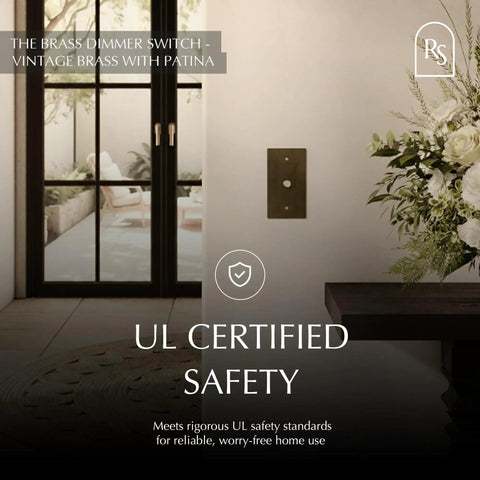 Bulletproof Quality Solid Brass Rotary Dimmer Switch Featuring UL Certified Safety Ratings installed in upscale home setting.
