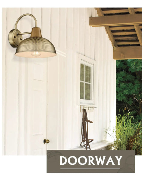 Two Pack Outdoor Wall Lights With Hammered Metal Shade And Gooseneck Arm In Antique Brass Barn Style Sconce On White Porch