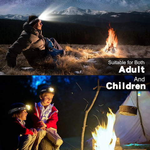 Family wearing Ultra Bright Nine LED Rechargeable Headlamp Two Pack With Red Light Sensor for camping by the bonfire.
