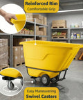 Commercial Grade Tilt Truck Dump Cart 850 Lb Capacity Zero Point Five Cubic Yard Yellow Rotational Molded Waste Bin with easy maneuvering casters.