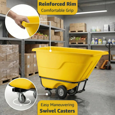 Commercial Grade Tilt Truck Dump Cart 850 Lb Capacity Zero Point Five Cubic Yard Yellow Rotational Molded Waste Bin with easy maneuvering casters.