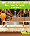 39 Inch Adjustable Speed Belt Conveyor For Desktop Use, PVC Belt With Built In Sensors shown with boxes in a warehouse.