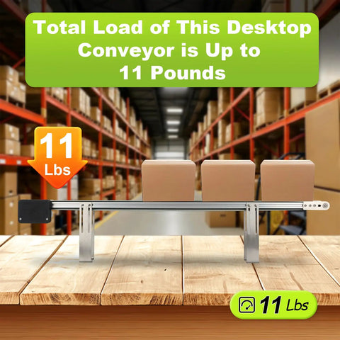 39 Inch Adjustable Speed Belt Conveyor For Desktop Use, PVC Belt With Built In Sensors shown with boxes in a warehouse.