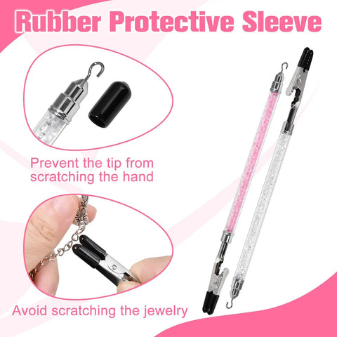Two Piece Bracelet Helper Tool Set With Quick Release Clasp Assist For Easy Grab And Go Wearing Of Bracelets And Necklaces Including Hook And Clip And Storage Box Adjustable 195mm Extend White And Pink close-up with rubber protective sleeve.