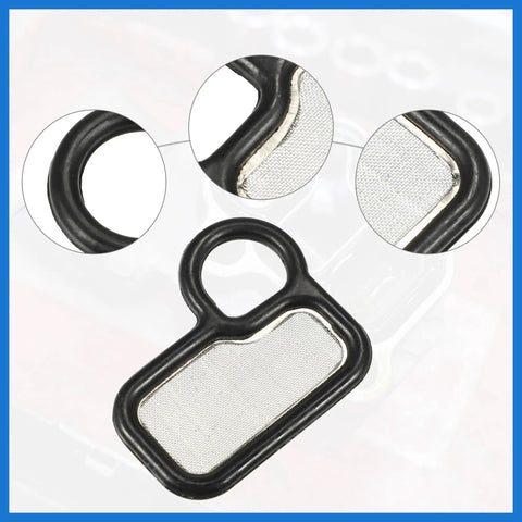 Close-up of Honda CR V Solenoid Gasket Kit With Spool Valve Filter Screen Replacement, OE 15845-5A2-A01, black rubber and silver metal