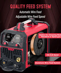 Aluminum MIG Welder 7 In 1 Multiprocess showing quality feed system with wire spool and mode selection button.