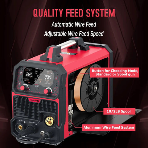 Aluminum MIG Welder 7 In 1 Multiprocess showing quality feed system with wire spool and mode selection button.