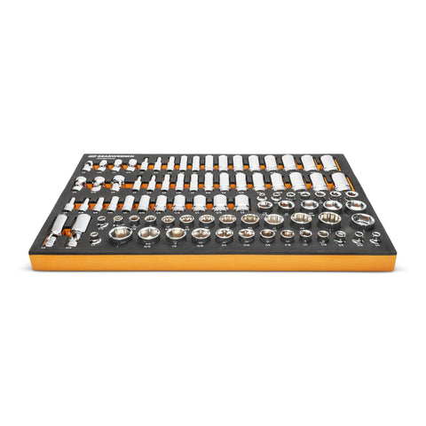 85 Piece Three Eighth Inch Drive Master SAE Socket Set In Foam Tray, showing organized sockets in orange tray.