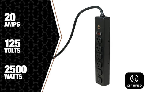 Beefy All Metal Mountable Power Strip With 6 NEMA 5-20 Receptacles, 20 Amp Capacity And NEMA 5-20 Plug shown vertically
